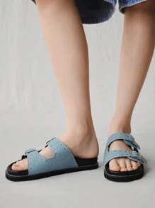 Solecia 女式铆钉舒适一脚蹬凉鞋，简约设计，适合日常休闲穿着 - 藍色 - 查看 3