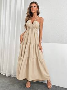 Firerie Women's Halter Tie-Up Backless Dress, Suitable For Vacation And Wedding Events