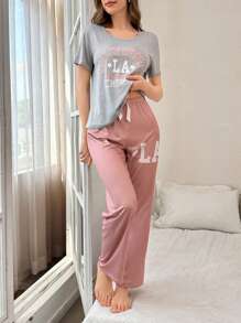 Casual Letter Print Contrast Color Short Sleeve Pants Pajama Set - Multicolor - View 5