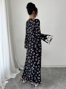 Yasmyna 女式编织花卉印花长袖荷叶边蝴蝶结阿巴亚连衣裙，端庄 - 黑色 - 查看 2