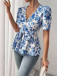 Chiquease Camiseta ajustada de mujer con estampado floral azul elegante, escote en V cruzado y cintura ceñida, para primavera/verano