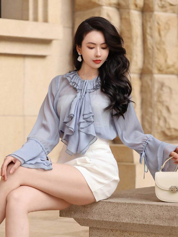 Spring Style Textured Elegant Women's Shirt For First Date, Summer New Arrival, Ruffle, Fall Women Clothes Long Sleeve Top