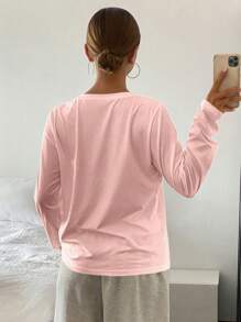 DAZY 女士休闲纯色圆领长袖 T 恤，秋季服装学院风上衣 - 粉色 - 查看 2