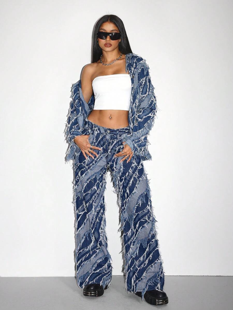 Jeanoix 女式宽松休闲磨边阔腿牛仔裤 - 藍色 - 查看 1