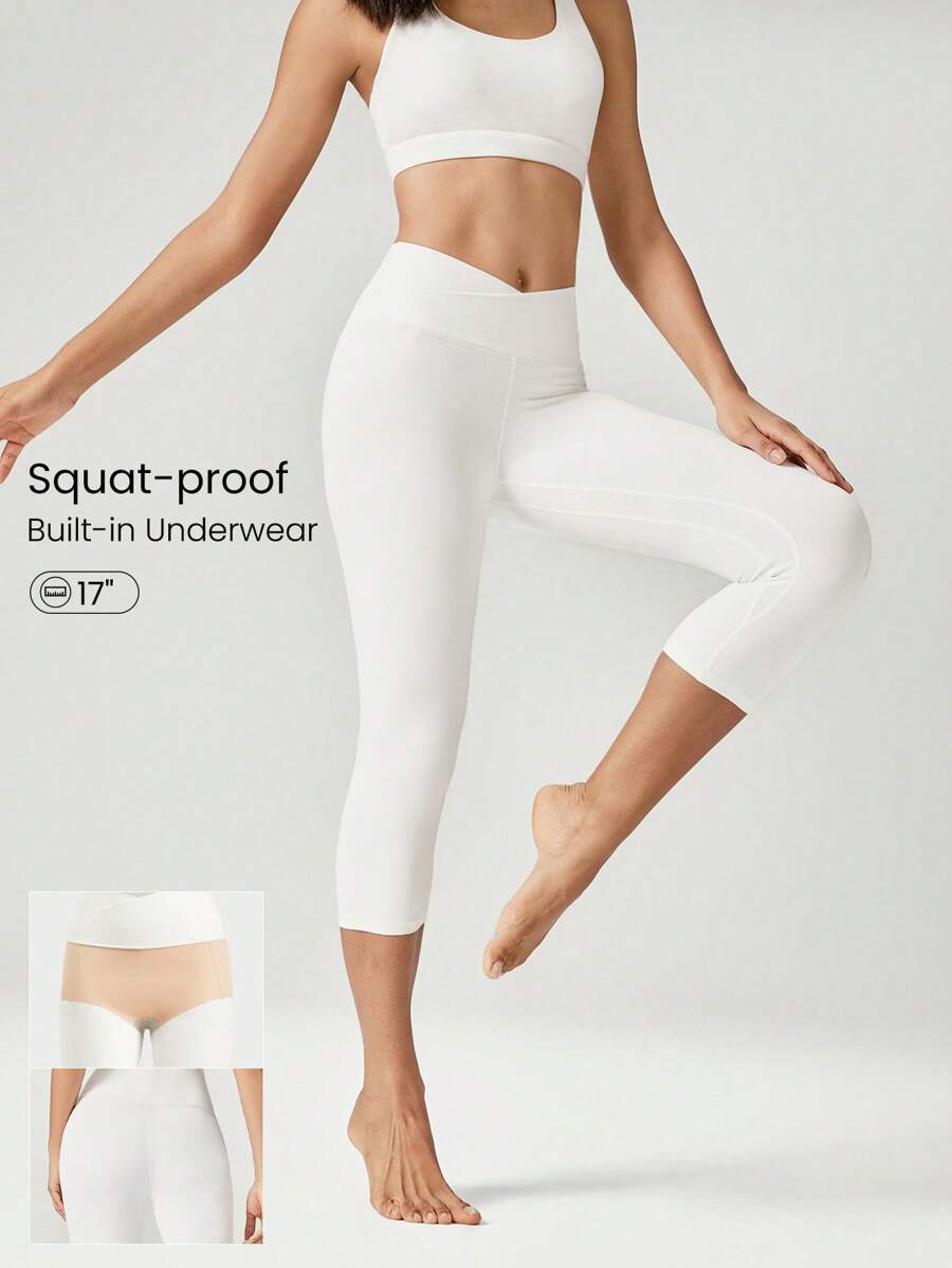 GLOWMODE Legging blanc taille haute avec taille croisée, ligne de hanche en Y, sous-vêtements intégrés résistant à l'écrasement, adapté à l'yoga à faible impact et à l'usage quotidien, 43 cm (17 pouces)