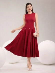 Modelyn Women's Solid Color Round Neck Sleeveless Elegant Arabic Style Dress  Summer Outfits For Women   Wedding Guest Dress Women   Airport Outfit For Women   Graduation Dress  Red Dress - Burgundy - View 4