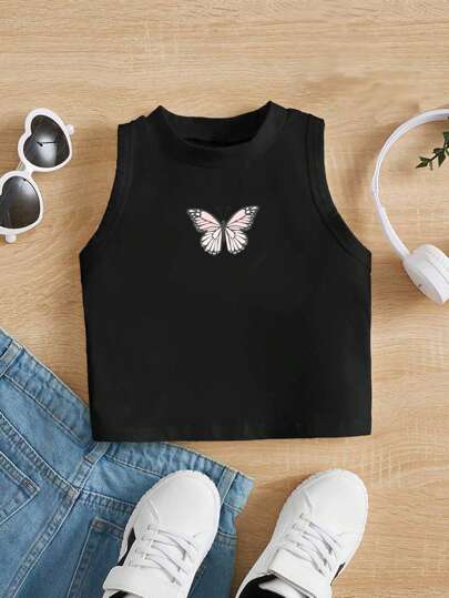 SHEIN Leap Crew 年轻女孩休闲简约卡通图案无袖圆领背心，适合夏季