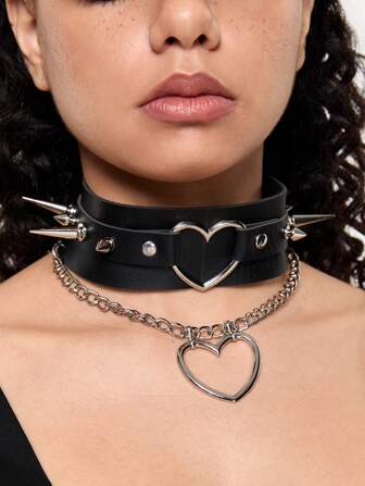 Goth 1pc Women's Gothic Choker With Black Spikes, Heart & Chain Decoration, Punk Style Party Accessory, Personalized Fashion Necklace For Daily Wear