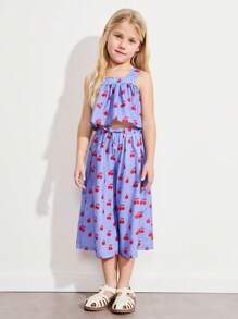 THE HAPPY LOOK Conjunto de top de tirantes y pantalones de pierna ancha con estampado de cerezas para niñas, ideal para verano