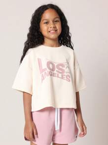 SUMWON Conjunto Casual de Duas Peças Los Angeles Star, Moletom Cropped Oversized e Shorts, Roupa Esportiva Atlética para Verão e Primavera, Streetwear Juvenil e Urbano - Rosa chiclete - Visão 3