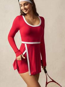 VARSITIE Women Plain Color Patchwork Long Sleeve Pocket Casual Sports Mini Dress - Red - View 7