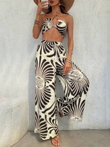 Coeurva 2 件套 - 女式无袖印花吊带上衣和高腰阔腿裤 - 黑與白 - 查看 7