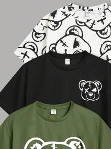 SHEIN 3pcs/Set Tween Boys Casual J-Pop Style Teddy Bear Graphic Round Neck Loose Knit Short Sleeve T-Shirts In 3 Colors, School, Campus, College - Army Green - View 6