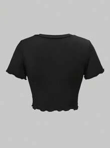 ROMWE Street Life Conjunto de 2 piezas de top de manga corta con cuello en V y estampado de carta y shorts de estilo casual de ballet multicapa con lazo para niña atlética - Negro - Ver 7