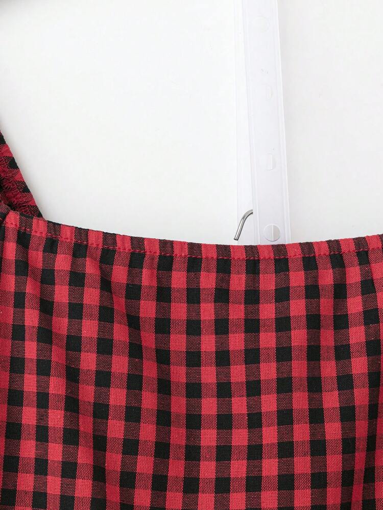 プラスサイズ女性夏カントリーカジュアル赤チェック柄フリルルーズカジュアル半袖スクエアカラーベビードールブラウス、女性ブラウス夏、女性夏、バケーション、カジュアル日常着