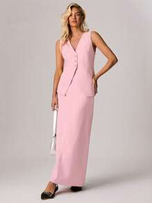 Forever 21 女士纯色口袋设计长款休闲百搭半身裙 - 粉色 - 查看 7