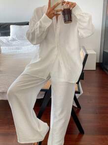 Livesso 新款宽松休闲长袖上衣，夏季女士加大码套装商务装 - 米色 - 查看 5