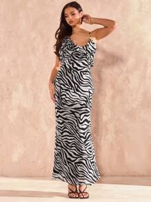 SHEIN BAE Váy hở lưng họa tiết ngựa vằn 3D đen trắng trơn mùa xuân/hè, váy họa tiết ngựa vằn, váy họa tiết động vật, váy đi nghỉ - Đen và trắng - Xem 6