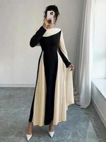 Rafferiza Vestido elegante de mujer con cuello redondo, mangas extra largas fluidas y bloque de color con pliegues - Albaricoque - Ver 3