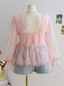 Soleia Plus Size Women Vacation Autumn/Winter Valentine's Day Pink Lace V-Neck Flare Sleeve Asymmetrical Hem Blouse/Shirt - Pink - View 2