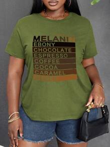 Maweii 大码字母图案印花圆领短袖 T 恤，夏季图案 T 恤女式上衣 - 橄欖綠 - 查看 1