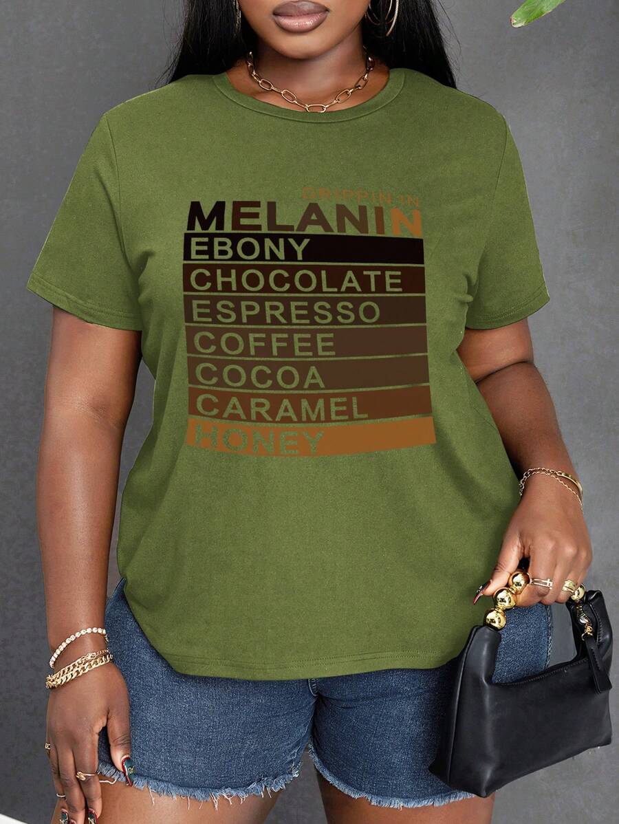 Maweii 大码字母图案印花圆领短袖 T 恤，夏季图案 T 恤女式上衣 - 橄欖綠 - 查看 1