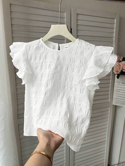 SHEIN LMoss Kids Young Girl Woven Solid Round Neck Ruffle Trim Fitted Casual Blouse