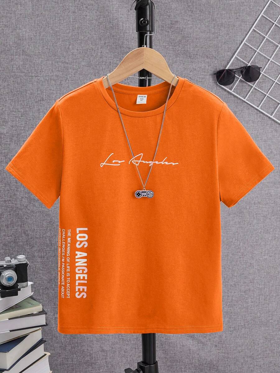 SHEIN Teen Boys' Casual English Graphic Print Short Sleeve Cotton T-Shirt, Summer