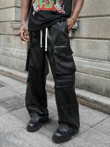 PAVTROS Manfinity Streetrush Fashionable Dark-Tone Multi-Pocket Cargo Straight Leg Casual Drawstring PU Leather Wide Leg Pants,Leather Pants,Boyfriend Gifts, Black Baggy Pants Men, Streetwear Pants, Cargo Pants Men Baggy, Baggy Clothes For Men - Black - View 5