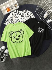 SHEIN Leap Crew 3pcs/Set Teenage Boys Casual Bear Print Short Sleeve T-Shirts - Green - View 8