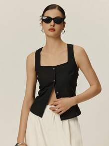 Poéselle 女士金属环扣自下而上亚麻背心休闲度假款女士纯色前扣无袖上衣黑色夏季女士上衣波西米亚风沙滩女士背心露脐上衣 - 黑色 - 查看 2