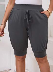 EMERY ROSE Plus Size Solid Color Lace-Up Pocket Casual Shorts, Everyday Wear - Dark Grey - View 3
