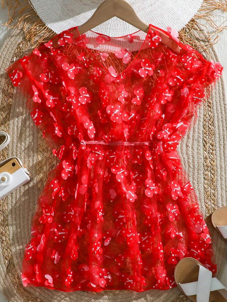 1pc Minimalist Casual Daily Wear Mesh Cover Up For Tween Girls - Red - View 1