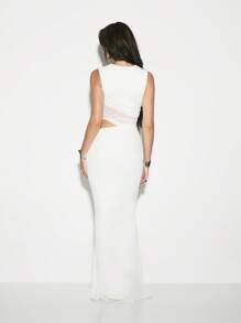 KIZN Elegant Mesh Panel Maxi Dress With Cut-Out Detail, Evening Gown Form-Fitting Design Special Occasion Party Dress Wedding Guest Floor Length - White - View 2