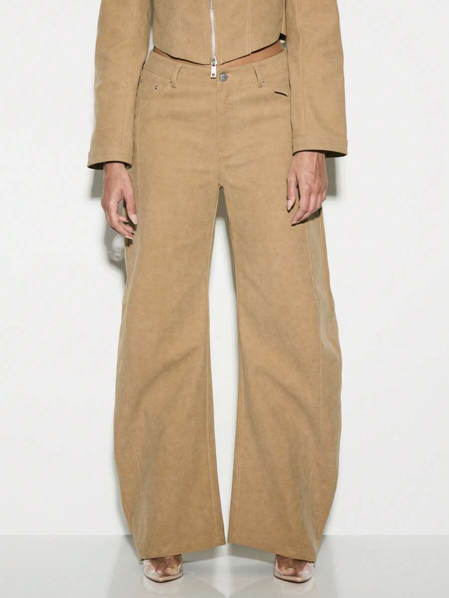 KIZN Designer Wide Leg Suede Trousers High Waist Palazzo Pants Premium Fall Winter Fashion Statement Bottoms Luxe Casual Wear