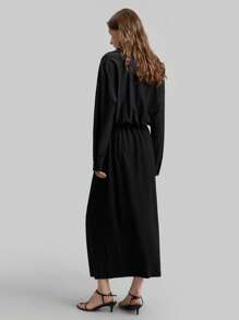 Ontre Vestido negro de cintura alta y campana con decoración de cinturón, estilo urbano chic minimalista para mujer - Negro - Ver 4