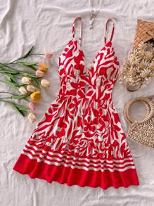 Soleia Island Holiday 女式 V 领镂空后背修身喇叭迷你连衣裙，花卉和复古印花