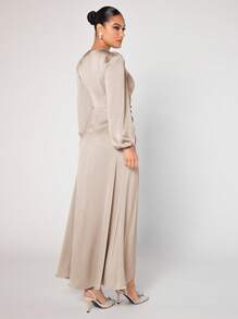 Modelyn Ladies' Round Neck Lantern Sleeve Arabian Abaya Dress,Elegant Evening Party Maxi Dress - Apricot - View 2