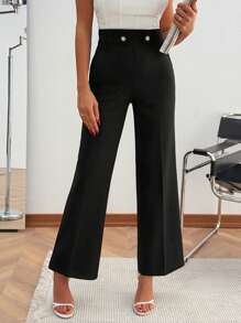 EURMUSE Women's Solid Button Accessory Detailed Elegant Pants - Black - View 1