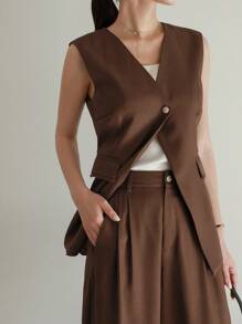 DAZY 2pcs Women Spring/Summer Elegant Set: Fitted V-Neck Vest & Wide Leg Pants In Solid Color