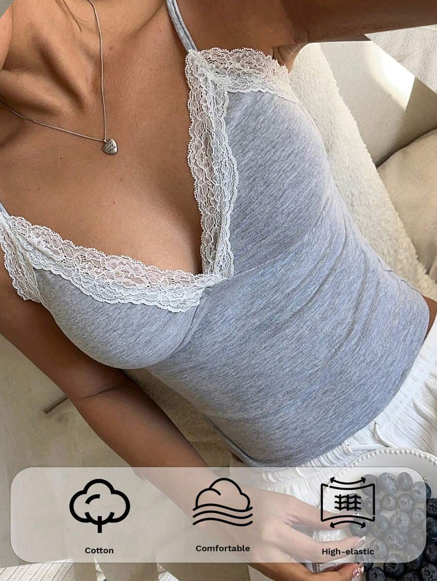 Muchica Casual Versatile Grey Knitted Lace Trim Camisole - Grey - View 1