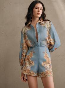 Anewsta 优雅女士春节定位印花长袖灯笼袖衬衫 - 藍色 - 查看 8