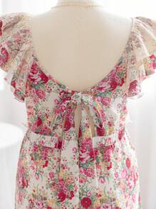 Soleia Vestido largo con estampado floral, mangas cortas de encaje y cintura ceñida, estilo romántico vintage, para mujer talla grande, primavera
