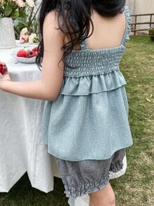DAZY 2 件年轻女孩休闲时尚简约纯色吊带背心上衣和短裤套装，女孩夏季服装 - 藍色 - 查看 6