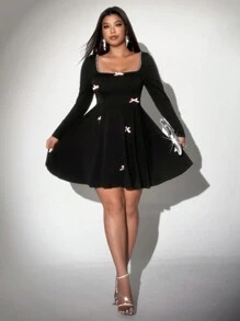Viva Relle Plus Size Women Elegant Ruffle Trim Bow Decor Flare Sleeve Romantic Date Party Dress
