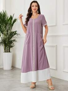 Lacomfia Color Blocking Rib Trim Round Neck Long Sleeve Loose Arabian Dress For Women - Pink - View 3