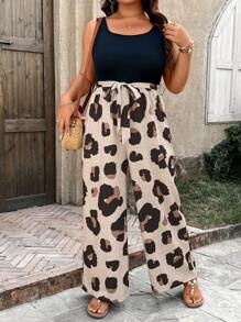 SHEIN LUNE Plus Size Women Square Neck Sleeveless Tie Waist Leopard Print Wide Leg Jumpsuit Spring Outfits For Women Summer Outfits For Women Summer Clothes Easter Outfit Women Western Wear Women - Multicolor - View 4