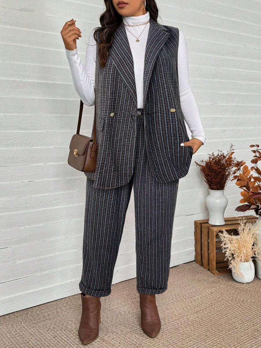SHEIN LUNE Plus Size Women Plaid Shirt Collar Double-Breasted Sleeveless Jacket & Pants Casual 2 Pieces Set, Autumn Thanksgiving Outfit Women New Years Women Outfit Winter Dresses Winter Clothes Women Rave Outfits New Years Eve Outfit, Office Wear, New Years Women Outfit, Party, Business Casual Woman Work Office Office Outfits For Women Business Casual Woman Work Clothes Women Business Casual Woman - Dark Grey - View 1