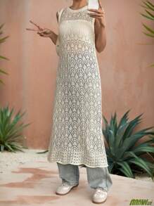 Chiquease Women's Crochet Knit Dress, Sleeveless Sheer Cover Up Dress, Beach Dress, Summer Dress - Beige - View 1
