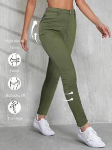 SHEIN Tall 白色女式牛仔裤休闲紧身弹力长裤返校正装裤子秋季白色女式牛仔裤教师裤子 - 軍綠色 - 查看 1